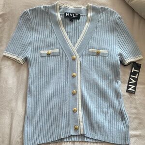 NVLT Sky Blue Ribbed Knit Top with Gold Accents NWT